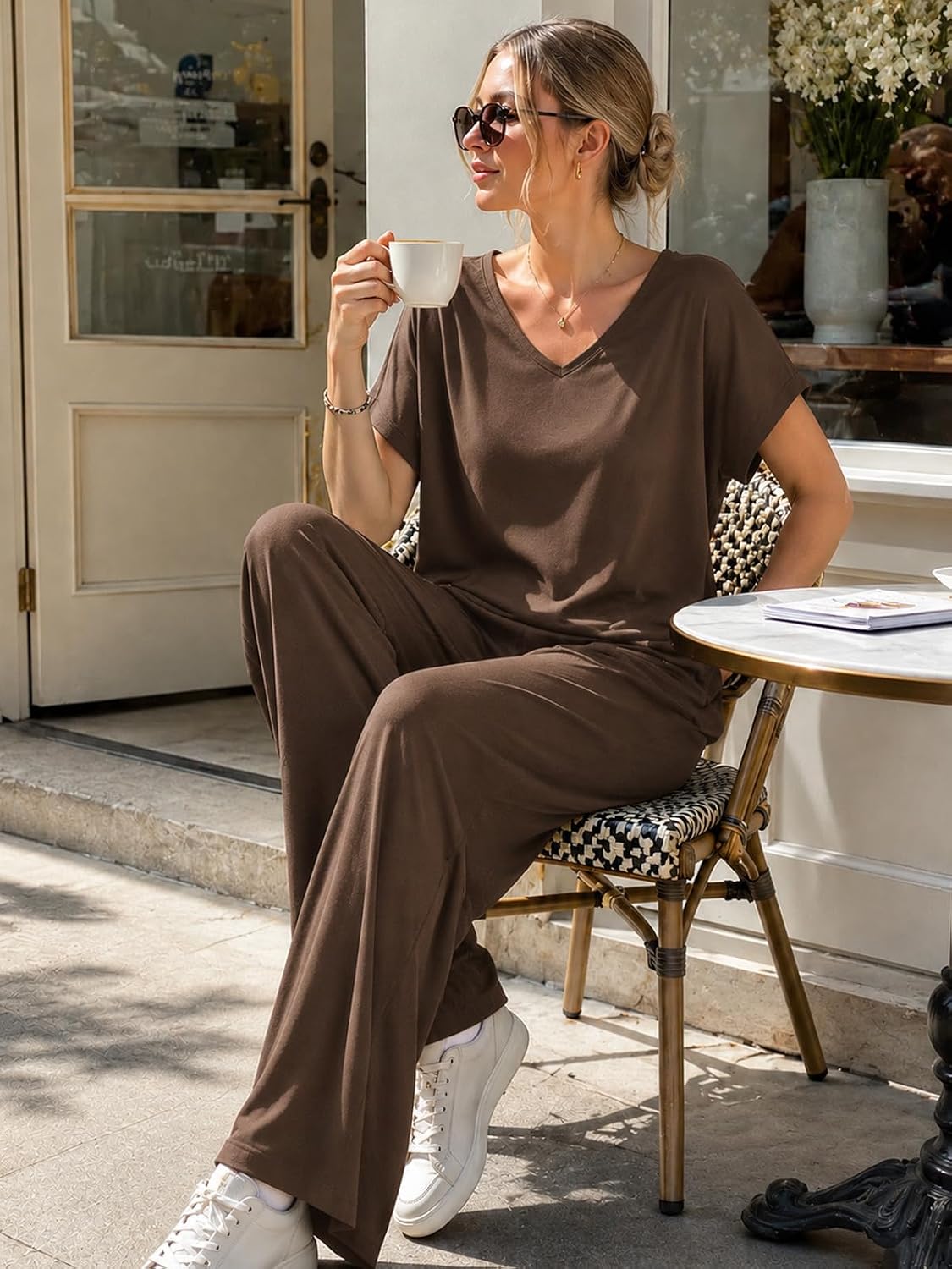 Samantha Ensemble Lounge Femme Deux Pièces – Set Décontracté avec Haut Col V et Pantalon Large