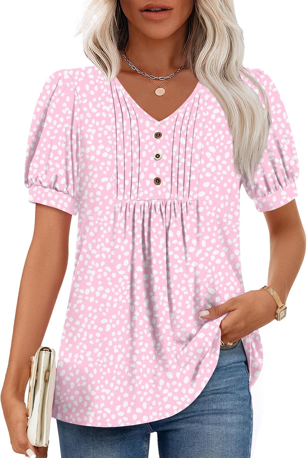 Lucille Blouse Femme – Haut à Col V avec Manches Bouffantes et Détails Boutonnés
