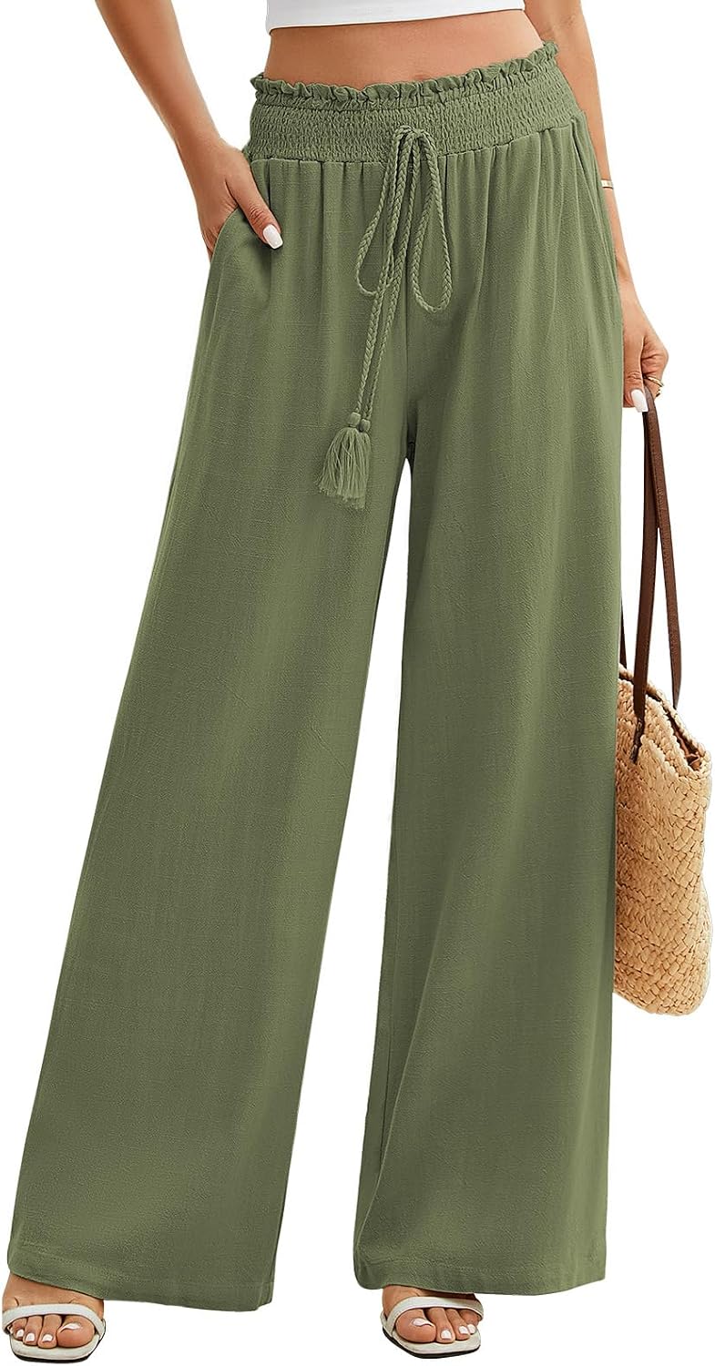 Denise Pantalon Palazzo Femme – Coton et Lin à Taille Élastique avec Poches