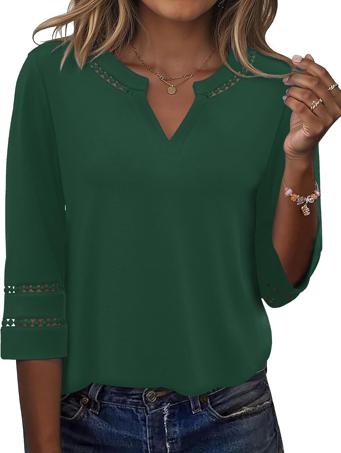 Charlene Blouse Femme – Col V Brodé en Dentelle avec Manches 3/4