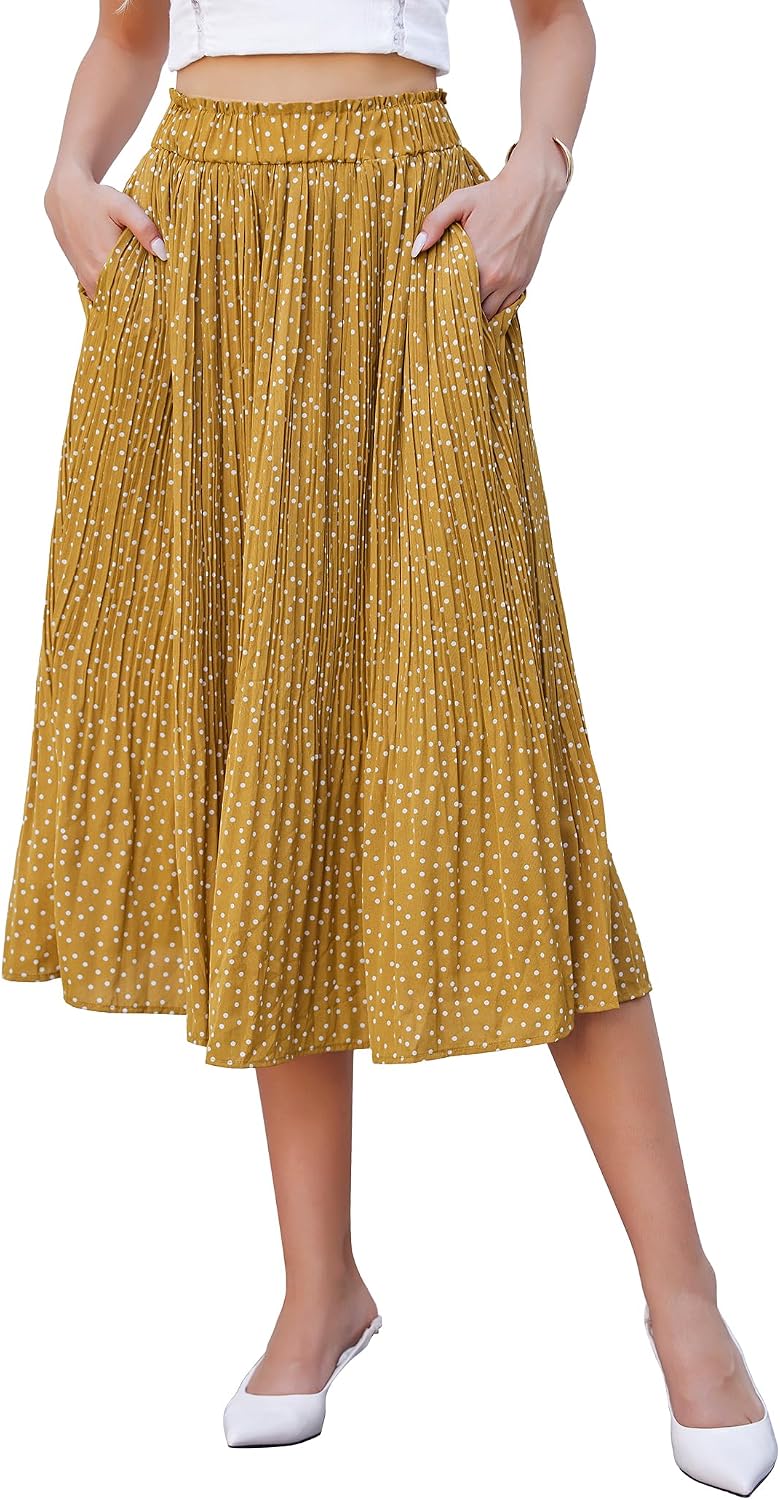 Ysaline Jupe Midi – Jupe Plissée à Pois en Mousseline avec Taille Élastique et Poches