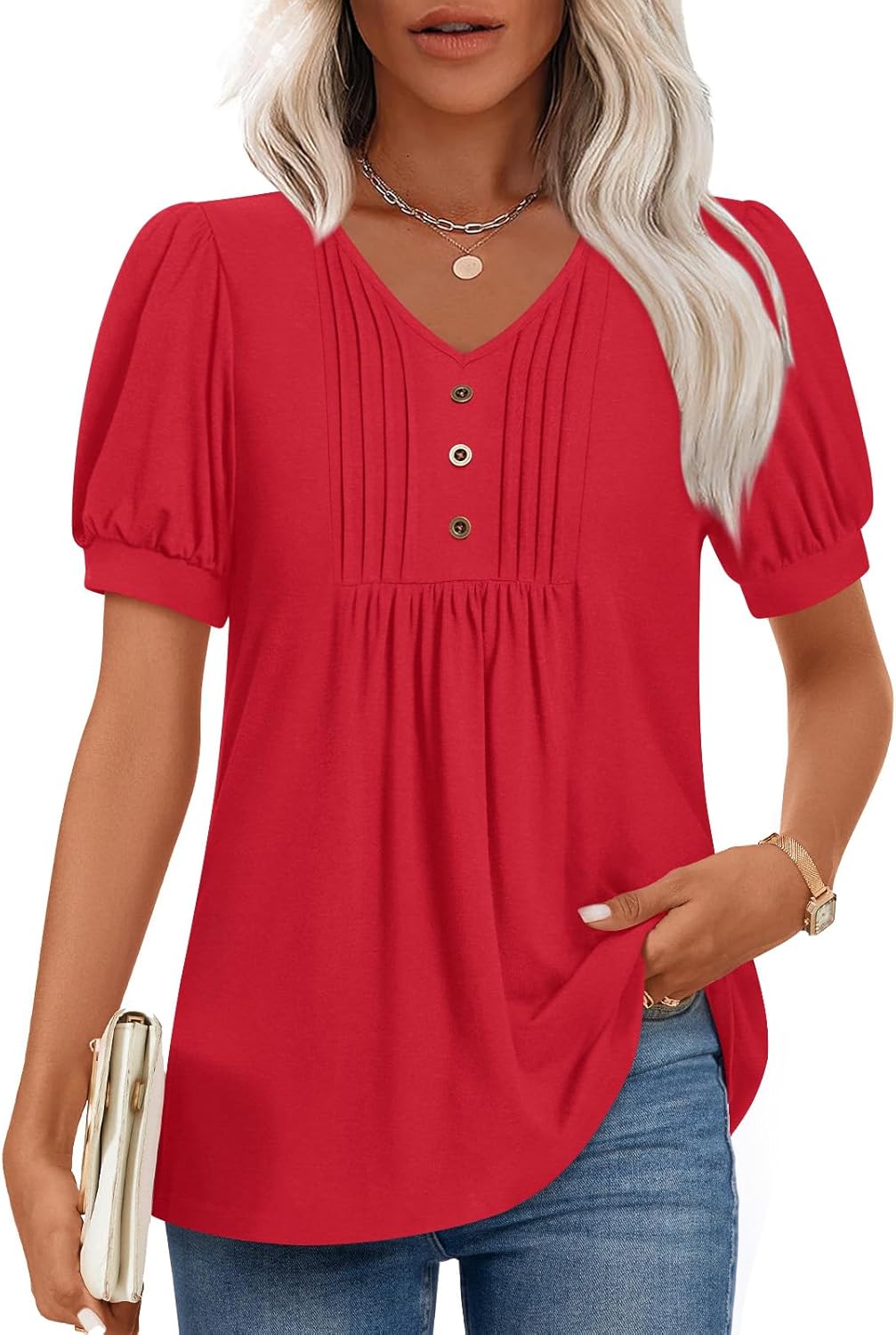 Lucille Blouse Femme – Haut à Col V avec Manches Bouffantes et Détails Boutonnés