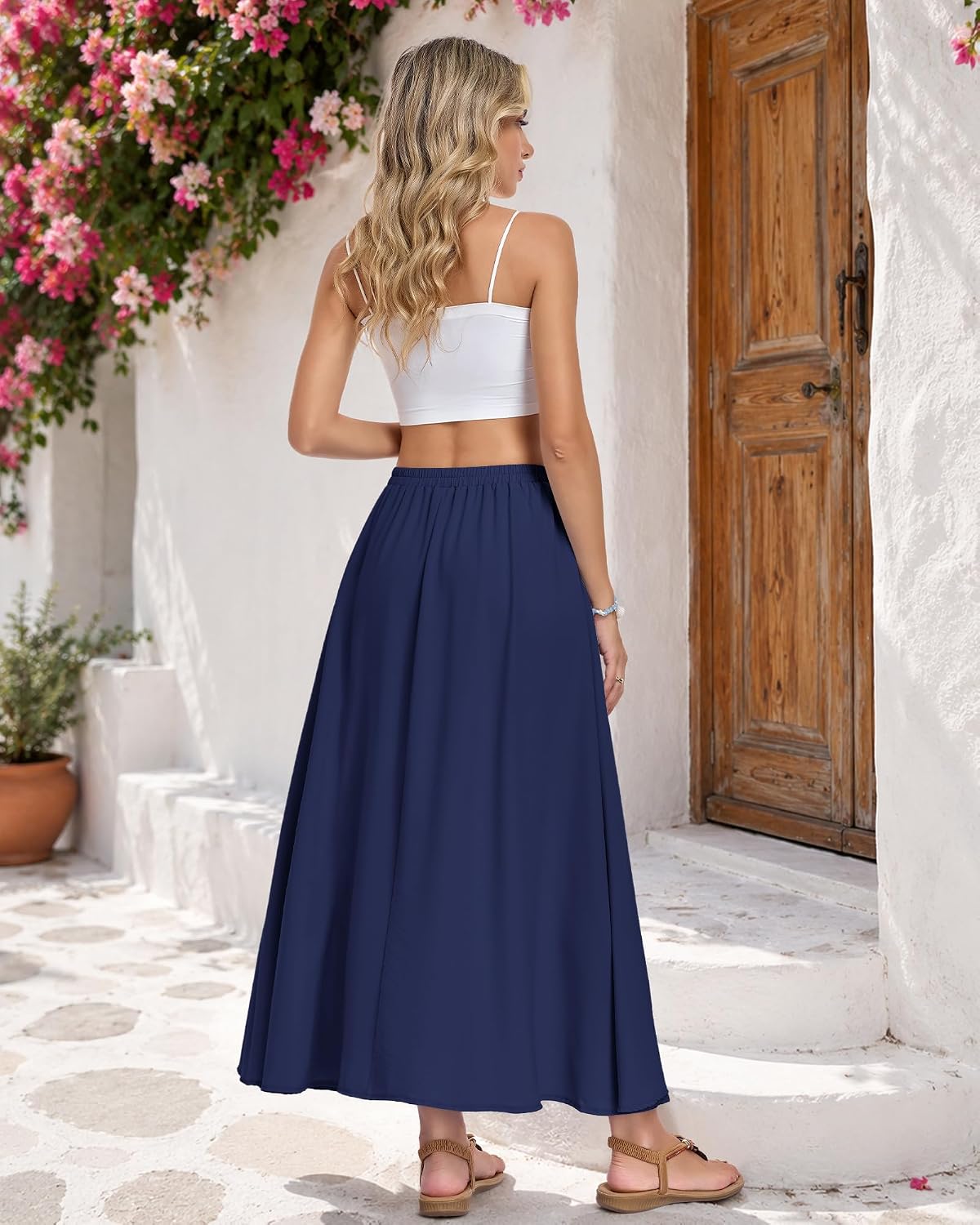 Solenne Jupe Longue – Jupe Maxi Taille Haute Fluide avec Poches Style Bohème d'Été