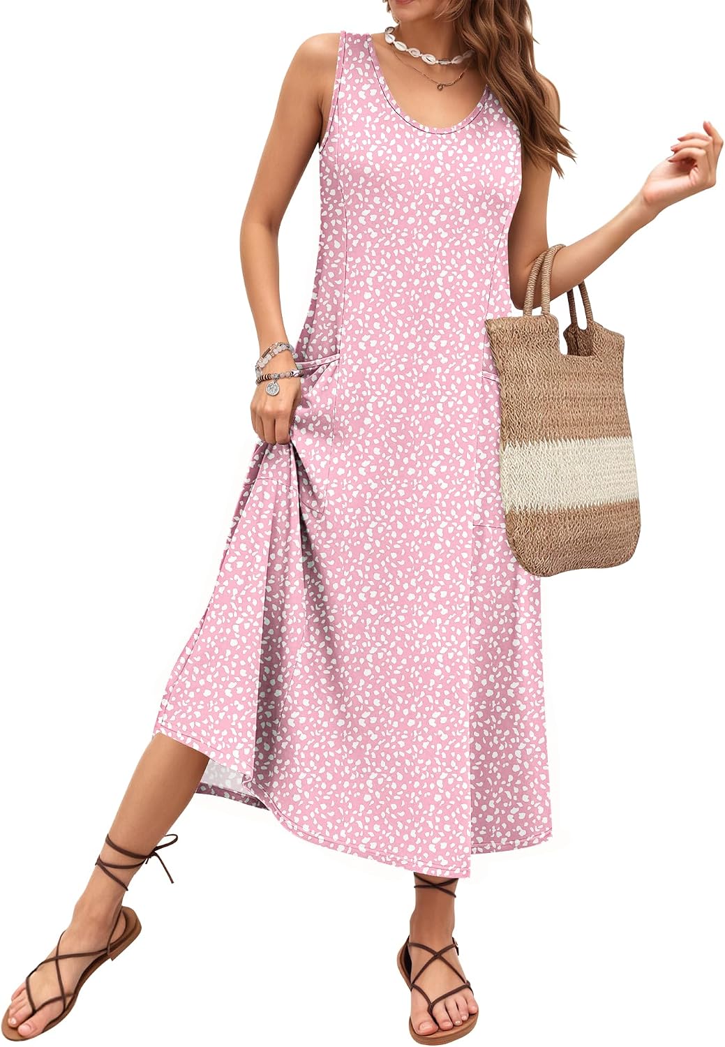 Rochelle Robe Femme – Robe Longue Sans Manches à Col Rond avec Coupe Évasée et Poches