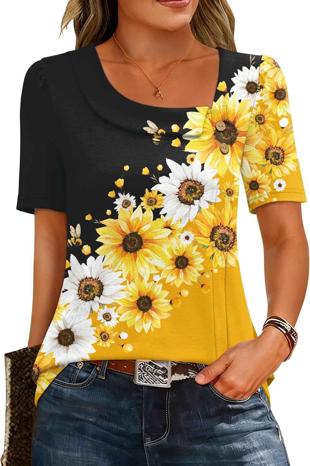 Viviana Haut Femme – Blouse à Col Asymétrique avec Manches Courtes et Boutons Décoratifs