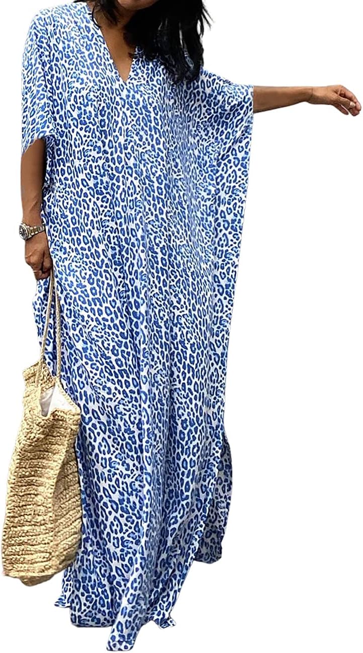 Solène Caftan Femme – Robe Longue de Plage à Imprimé Ethnique en Mousseline