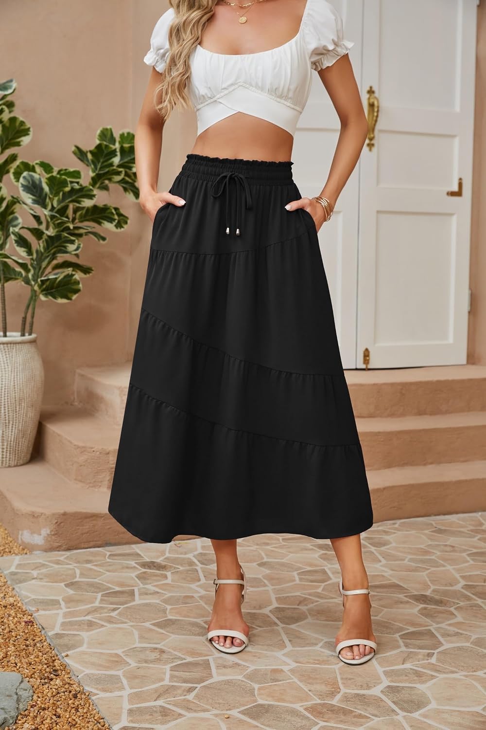 Floriane Jupe Maxi – Jupe Longue à Volants Taille Haute avec Poches Style Bohème