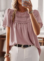Elvira Haut Femme – Blouse Fluide à Col Rond avec Dentelle Crochetée et Manches Courtes