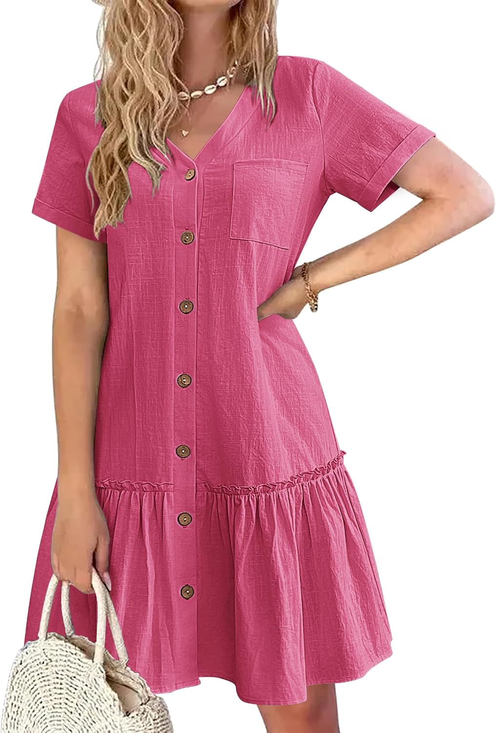 Lison Robe d'Été – Robe Courte en Mélange Coton-Lin à Col V Boutonné