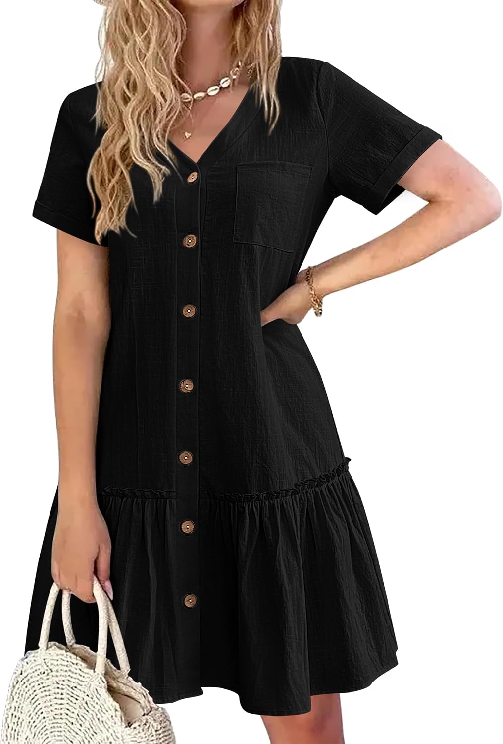 Lison Robe d'Été – Robe Courte en Mélange Coton-Lin à Col V Boutonné