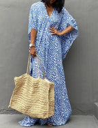 Solène Caftan Femme – Robe Longue de Plage à Imprimé Ethnique en Mousseline