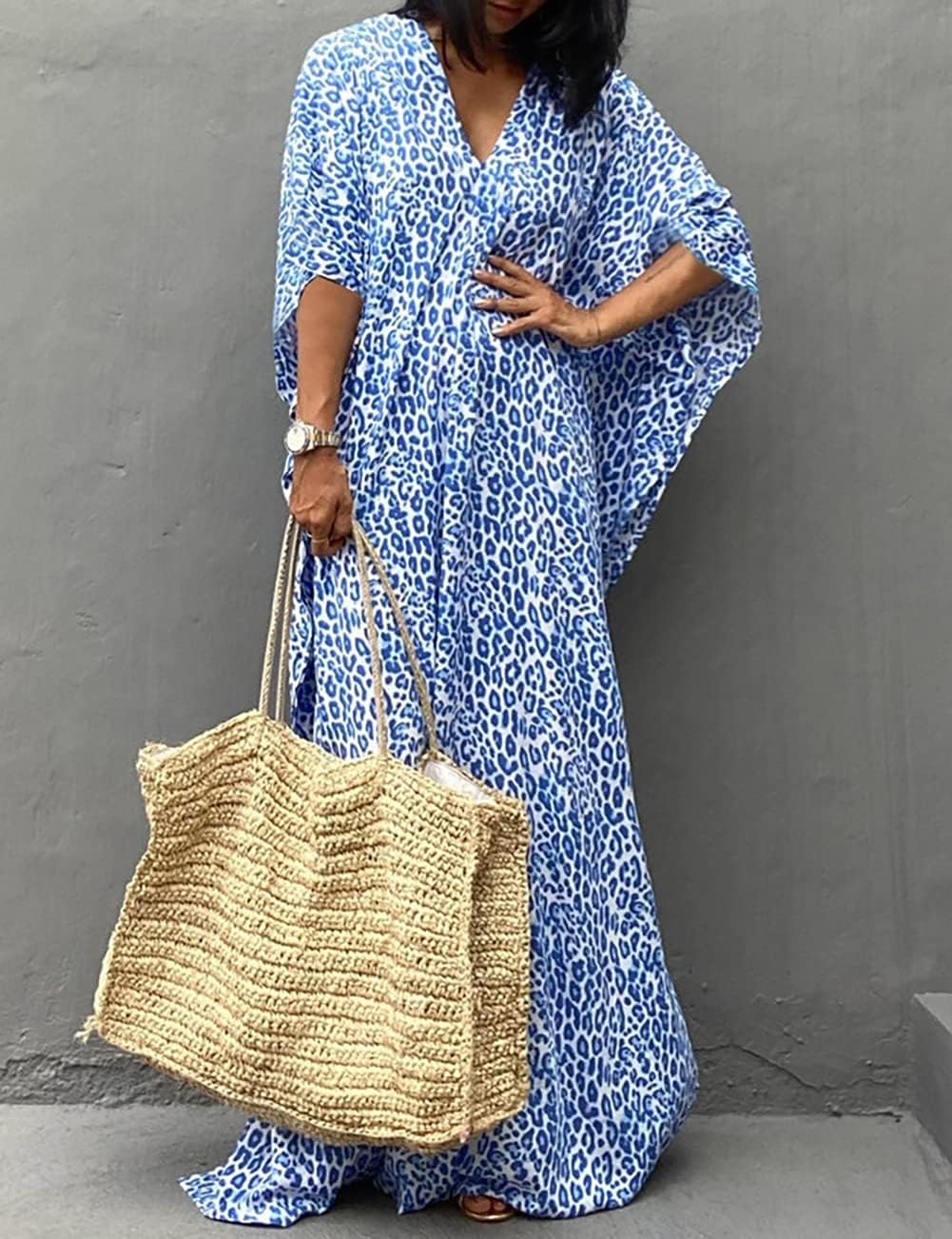 Solène Caftan Femme – Robe Longue de Plage à Imprimé Ethnique en Mousseline