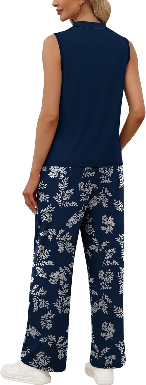 Bérénice Ensemble Femme 2 Pièces – Haut Sans Manches et Pantalon Large Imprimé