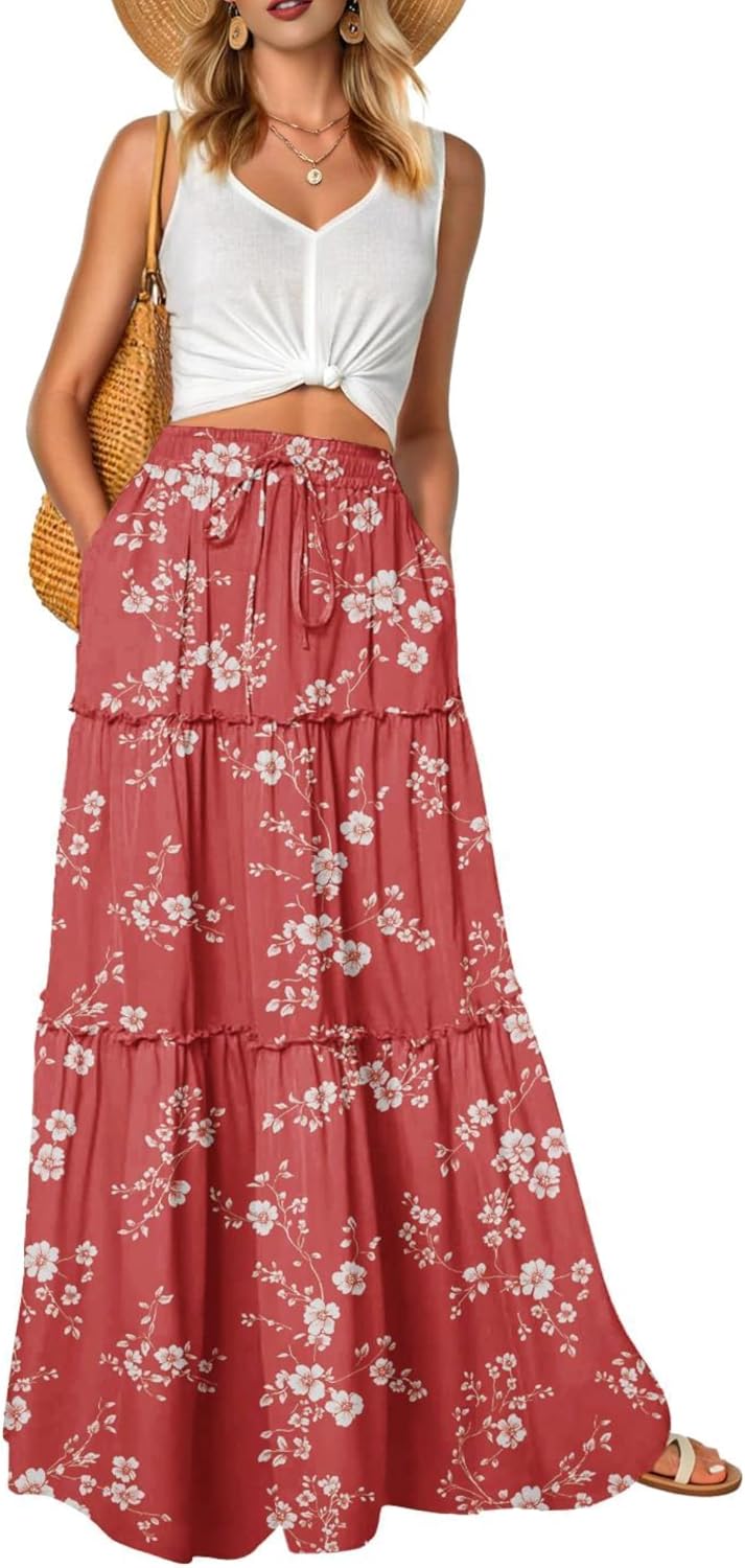 Léonie Jupe Longue Fleurie Bohème – Jupe Maxi Taille Haute Fluide avec Poches