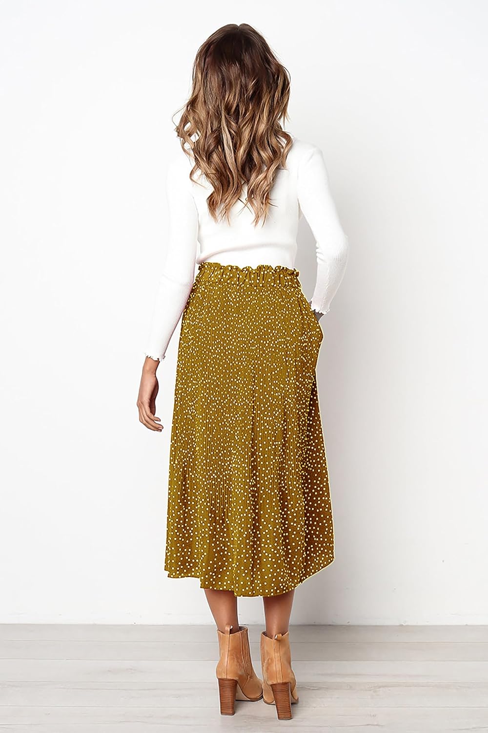 Clémence Jupe Midi Plissée à Pois – Jupe Taille Haute avec Poches Élégantes