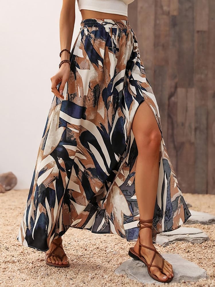 Delphine Jupe Maxi – Jupe Longue Imprimée Taille Haute avec Fente Élégante