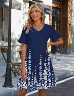 Patricia Robe Courte Femme – Coupe Trapèze Fleurie avec Col V et Poches