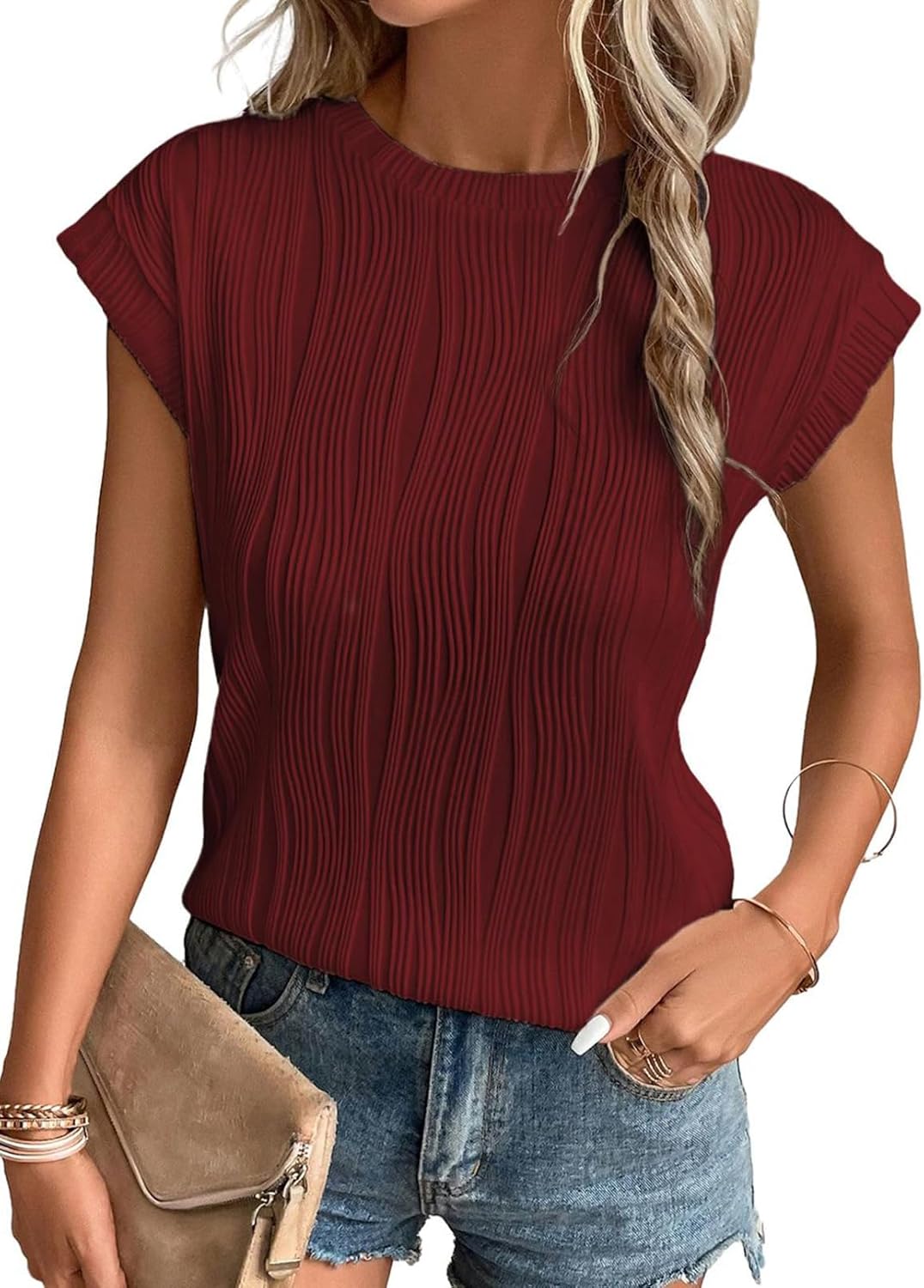 Charlene T-Shirt Femme en Maille – Haut Décontracté à Col Rond et Manches Chauve-Souris