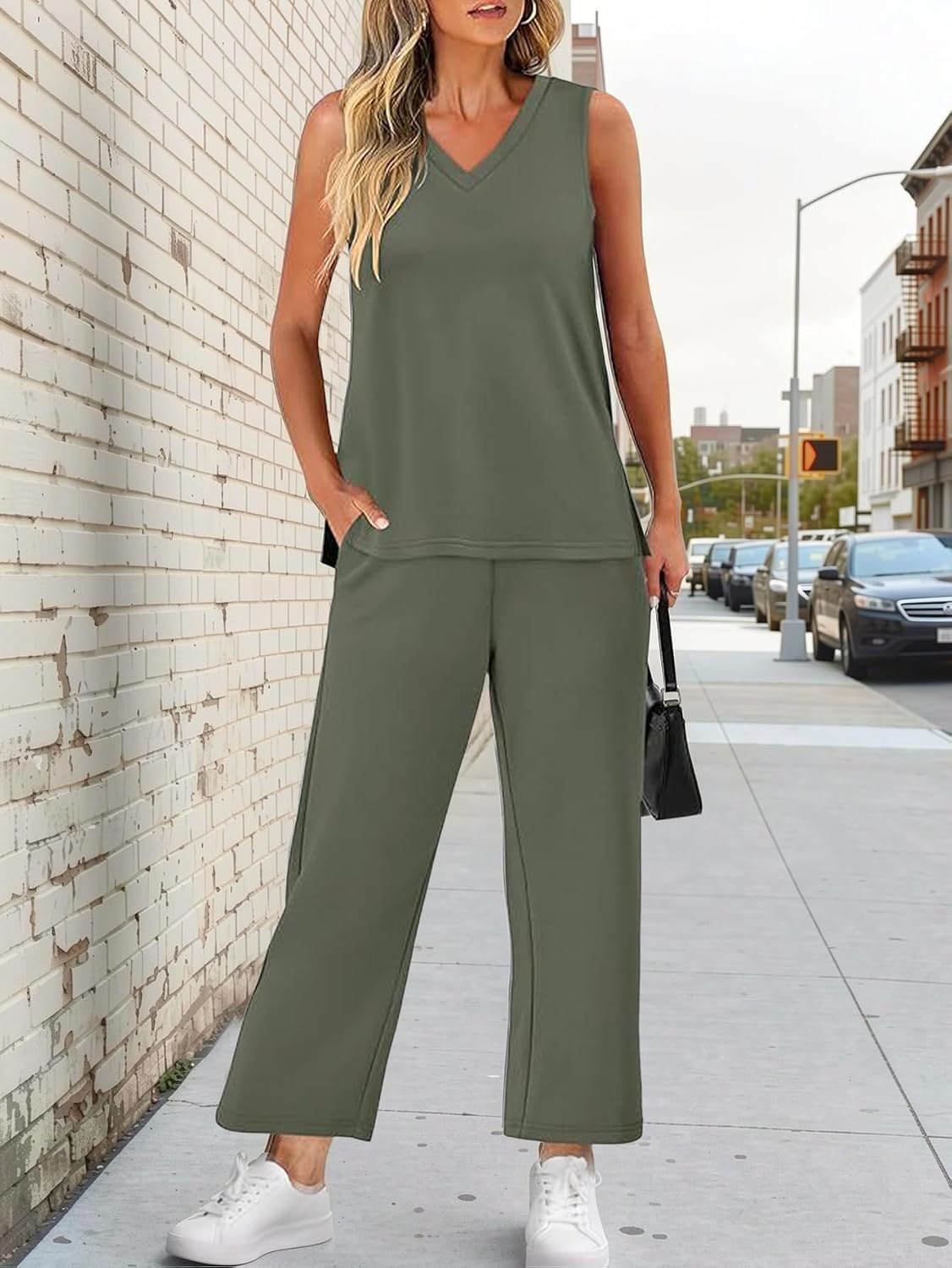 Joanna Ensemble Femme Deux Pièces – Set Décontracté Sans Manches avec Pantalon Large