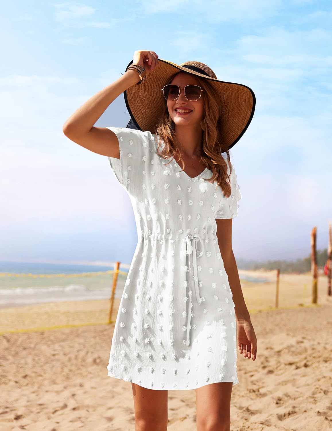 Noémie Robe de Plage – Tunique de Plage à Col V avec Taille Ajustable
