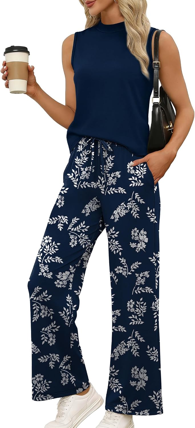 Bérénice Ensemble Femme 2 Pièces – Haut Sans Manches et Pantalon Large Imprimé