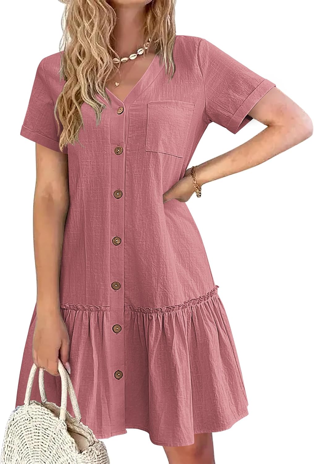 Lison Robe d'Été – Robe Courte en Mélange Coton-Lin à Col V Boutonné
