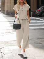 Serena Ensemble Femme – Ensemble Deux Pièces avec Haut à Col V et Pantalon Large à Cordon de Serrage