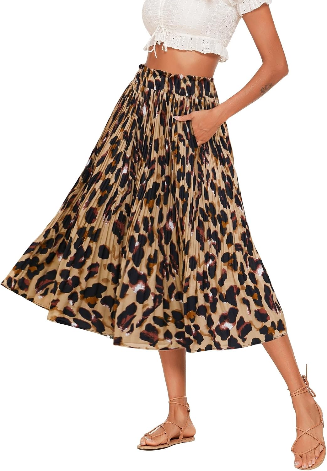 Ysaline Jupe Midi – Jupe Plissée à Pois en Mousseline avec Taille Élastique et Poches