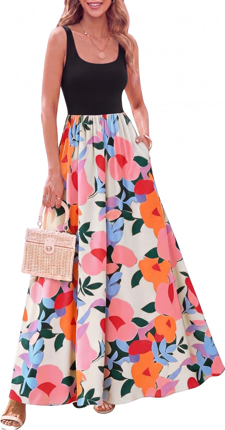 Camille Robe Longue Femme – Coupe Trapèze Fleurie Sans Manches à Col Rond