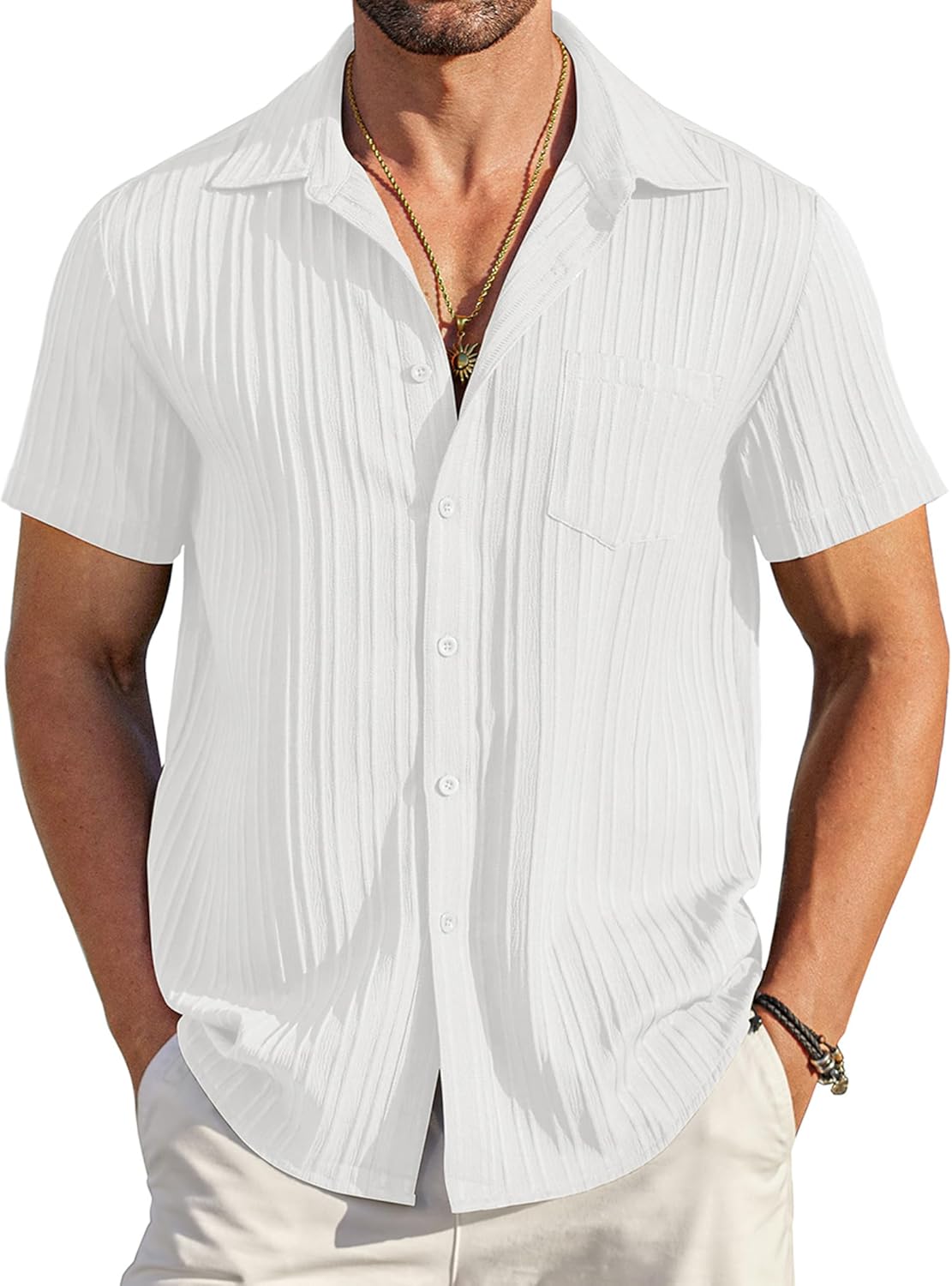 Bastien Chemise Homme – Chemise Texturée à Manches Courtes avec Poche