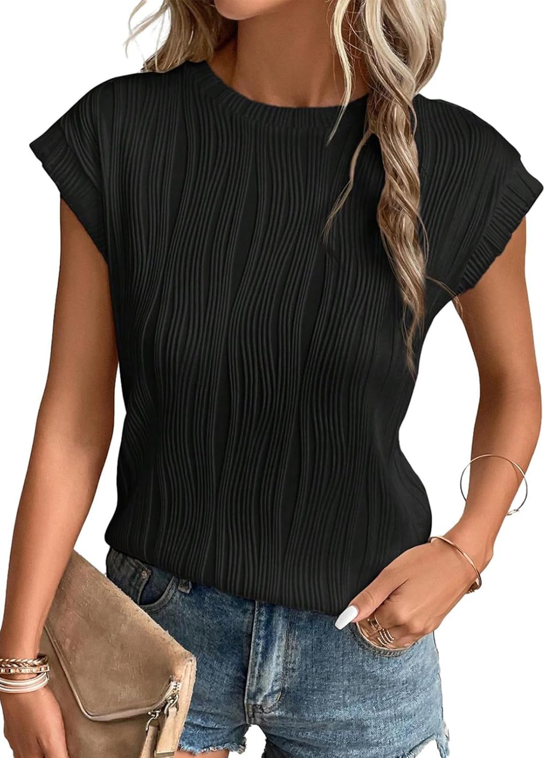 Charlene T-Shirt Femme en Maille – Haut Décontracté à Col Rond et Manches Chauve-Souris