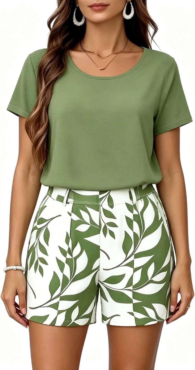 Francesca Ensemble Femme Deux Pièces – T-Shirt Uni et Short Imprimé Feuillage
