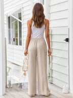 Valentina Pantalon Femme – Pantalon Large en Mélange de Lin avec Taille Élastiquée et Cordon de Serrage