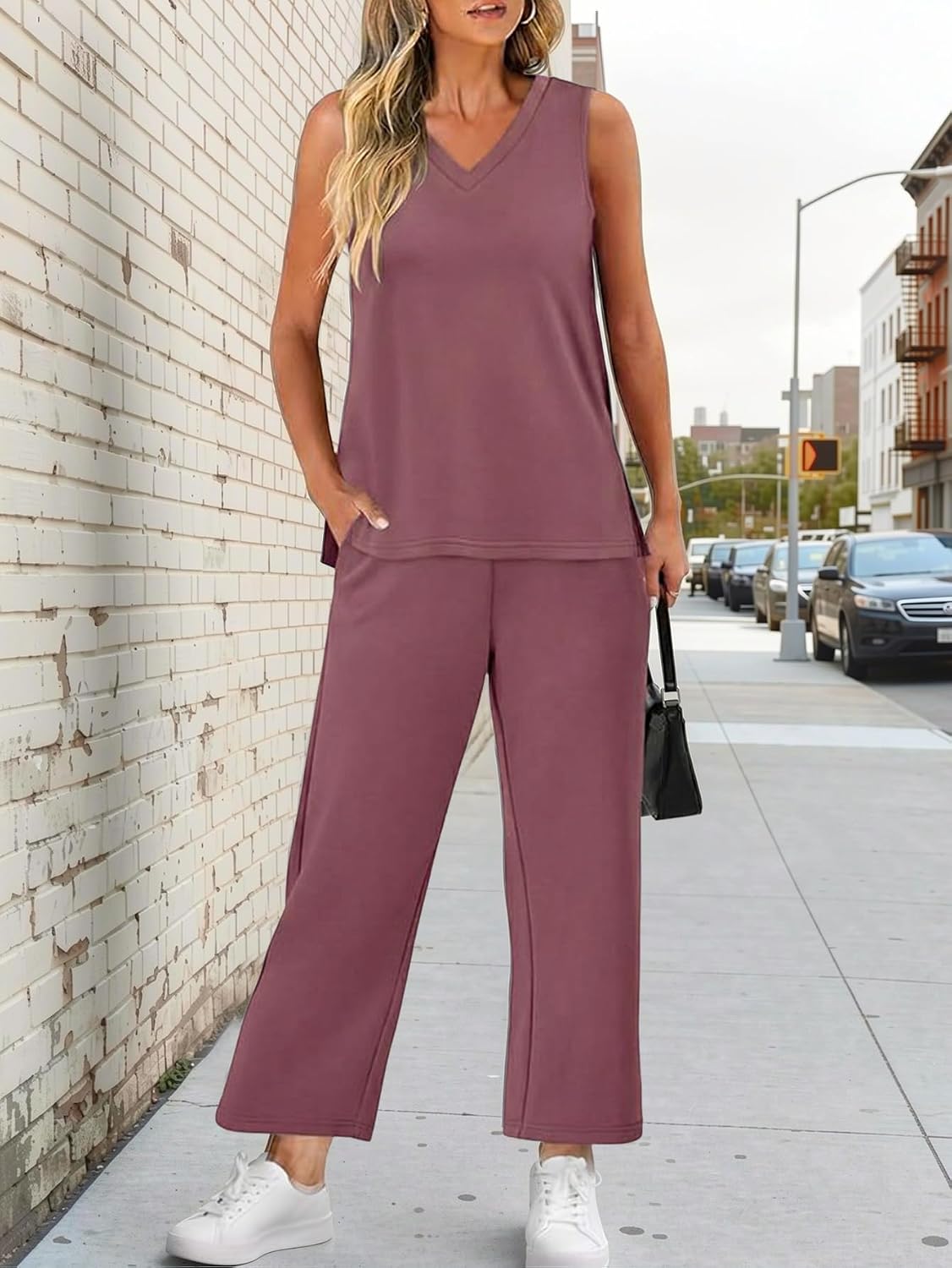 Vanessa Ensemble Femme Deux Pièces – Tenue Sans Manches à Col V avec Pantalon Fluide