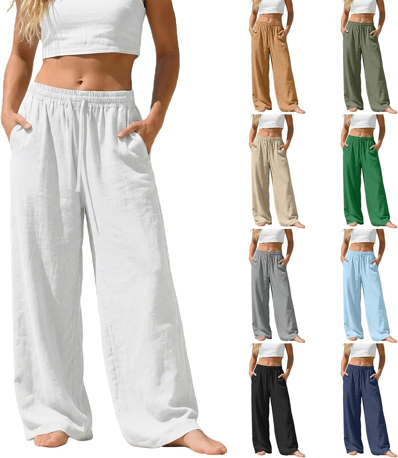 Camille Pantalon Palazzo en Lin – Pantalon Léger et Fluide avec Poches