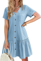 Lison Robe d'Été – Robe Courte en Mélange Coton-Lin à Col V Boutonné