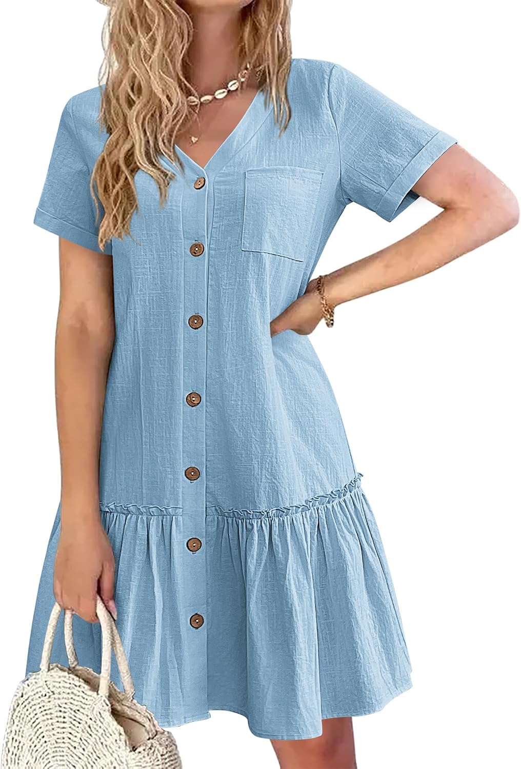 Lison Robe d'Été – Robe Courte en Mélange Coton-Lin à Col V Boutonné