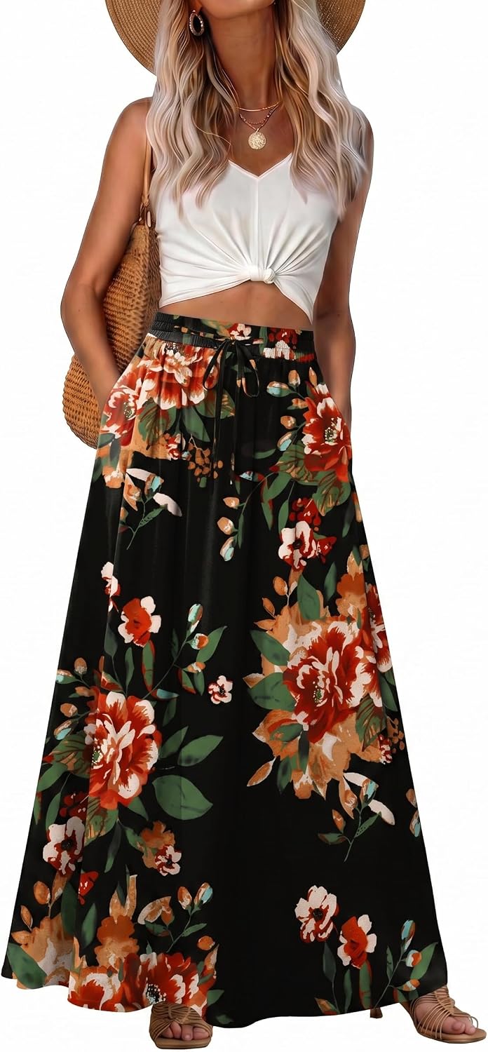 Ophélie Jupe Maxi – Jupe Longue Bohème Taille Haute avec Poches et Cordon Ajustable