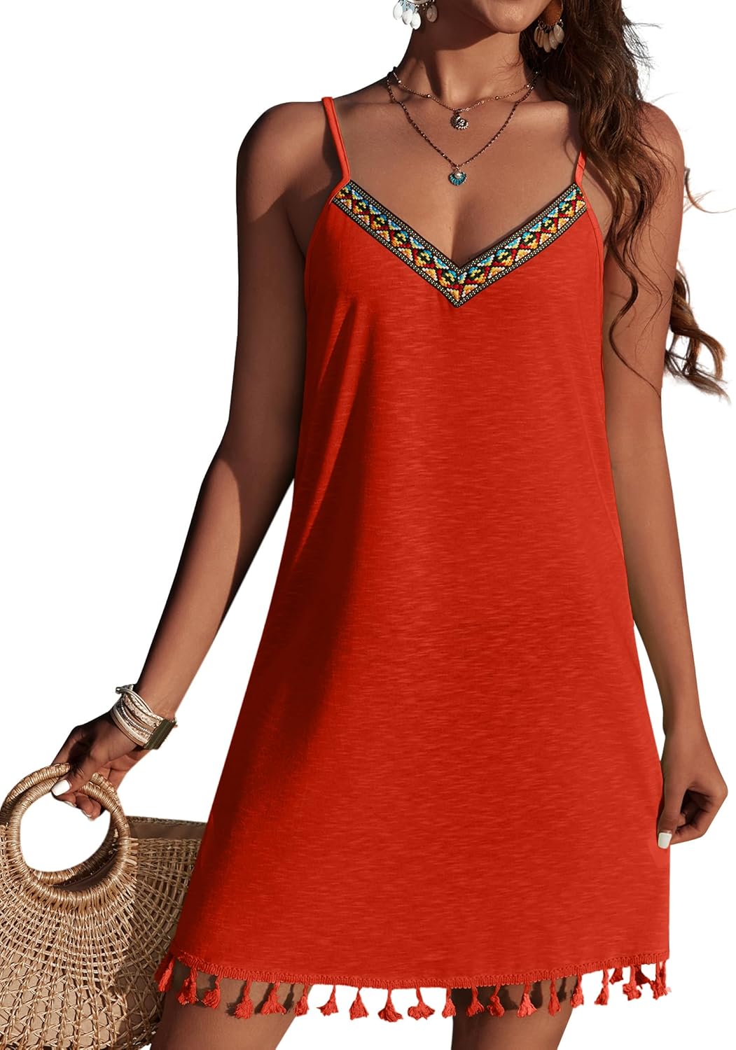 Maëlle Robe de Plage Femme – Robe Courte Bohème à Col V avec Bretelles Réglables