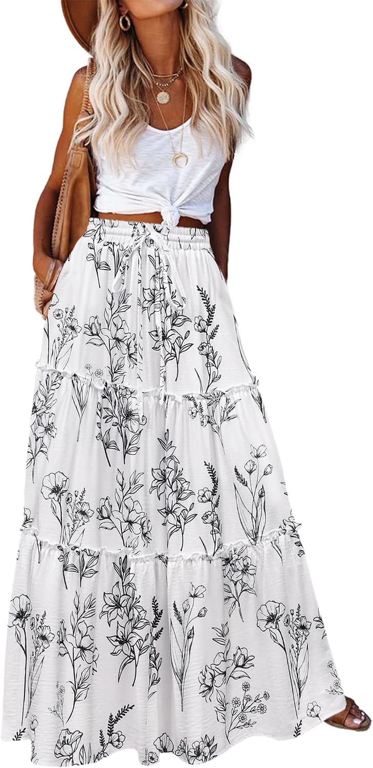 Maëlle Jupe Maxi – Jupe Longue Bohème Taille Haute à Volants avec Poches