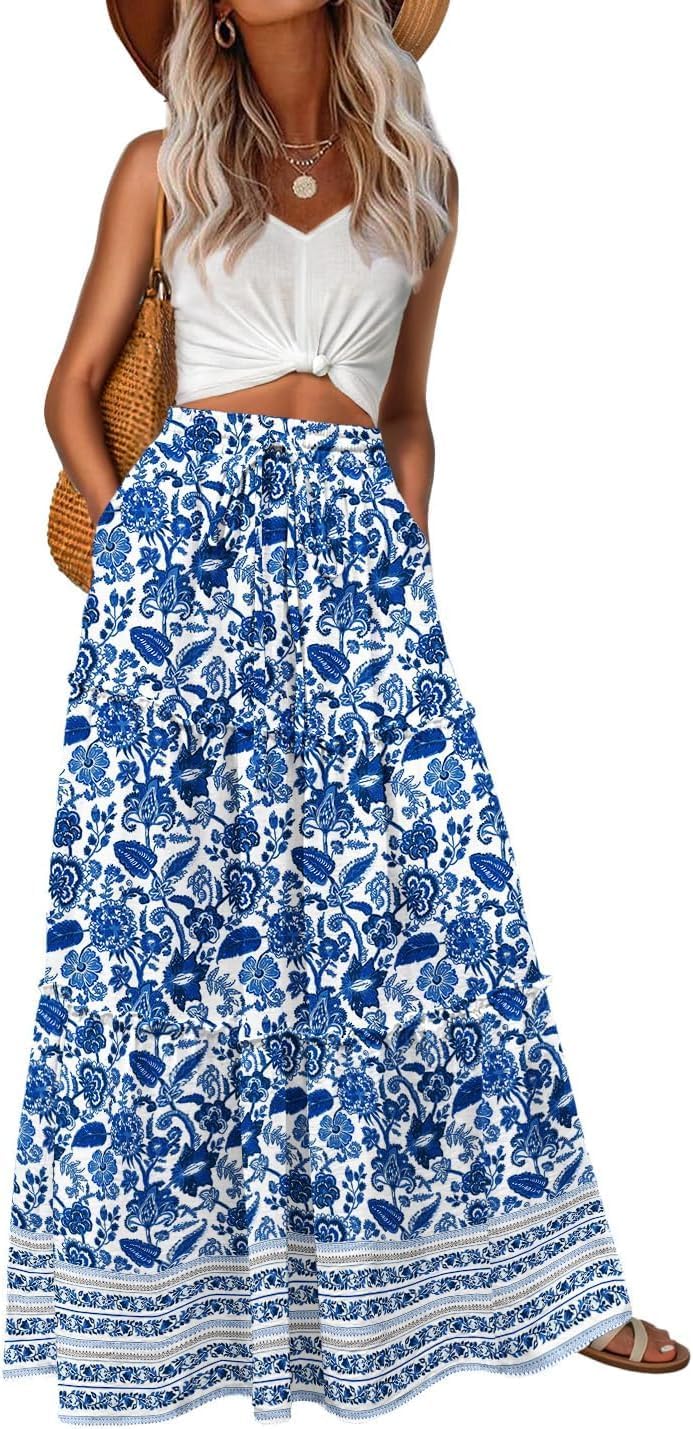 Léonie Jupe Longue Fleurie Bohème – Jupe Maxi Taille Haute Fluide avec Poches