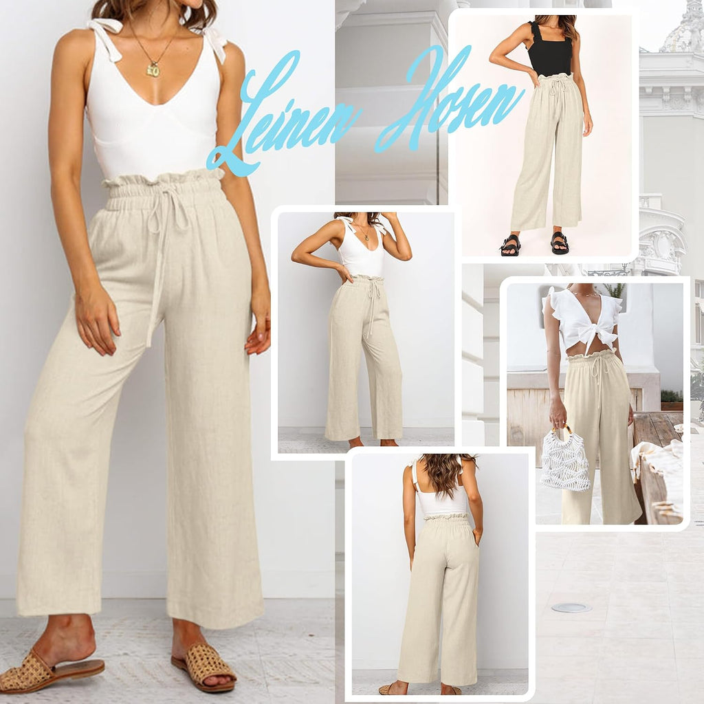 Bianca Pantalon Palazzo en Lin – Pantalon Taille Haute Léger avec Cordon de Serrage