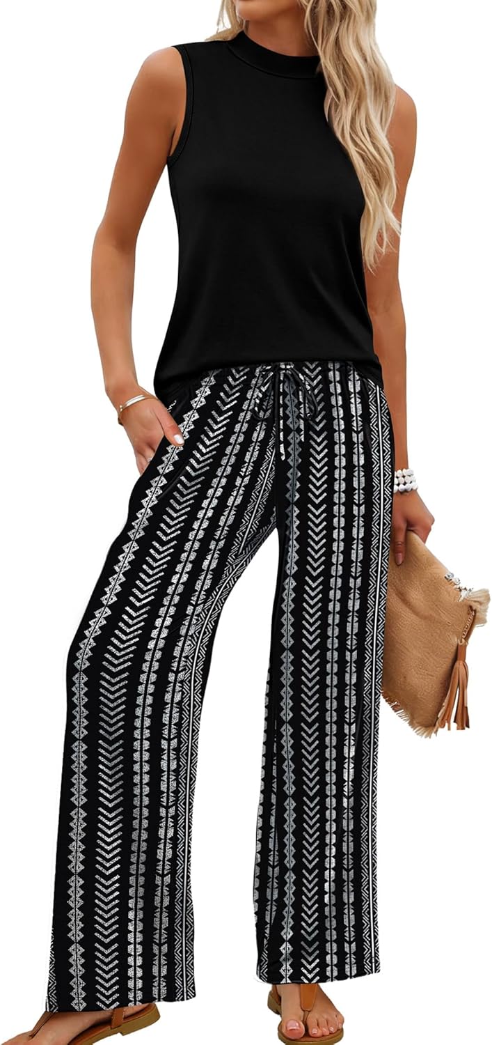 Bérénice Ensemble Femme 2 Pièces – Haut Sans Manches et Pantalon Large Imprimé