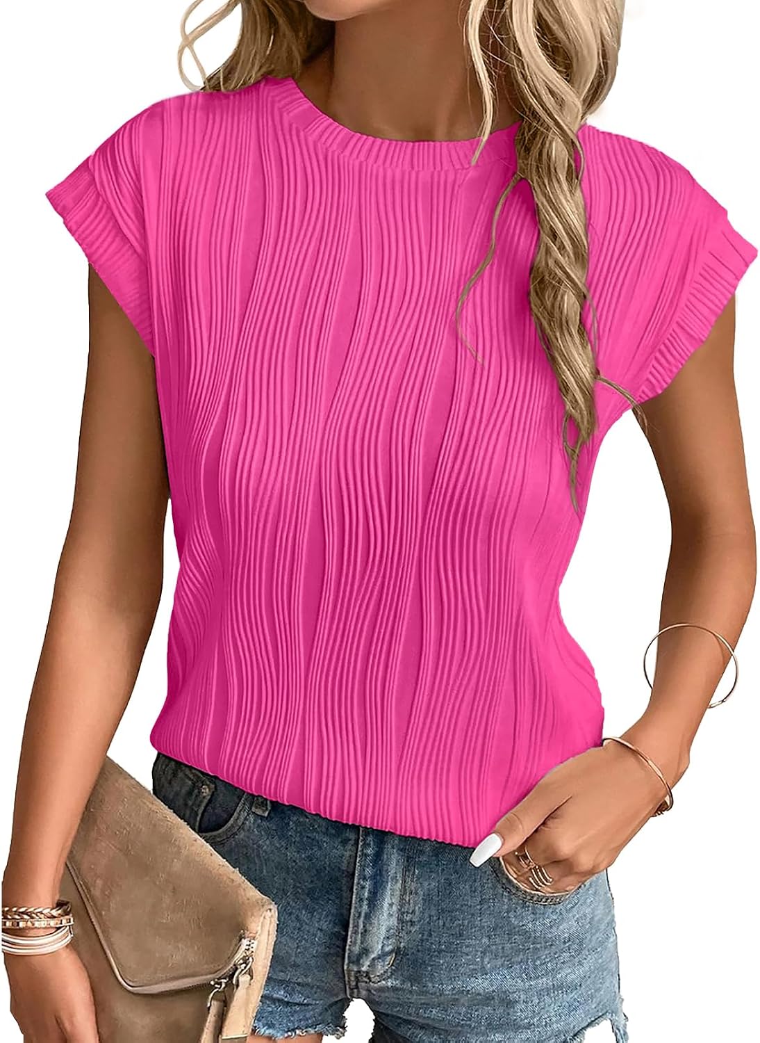 Charlene T-Shirt Femme en Maille – Haut Décontracté à Col Rond et Manches Chauve-Souris