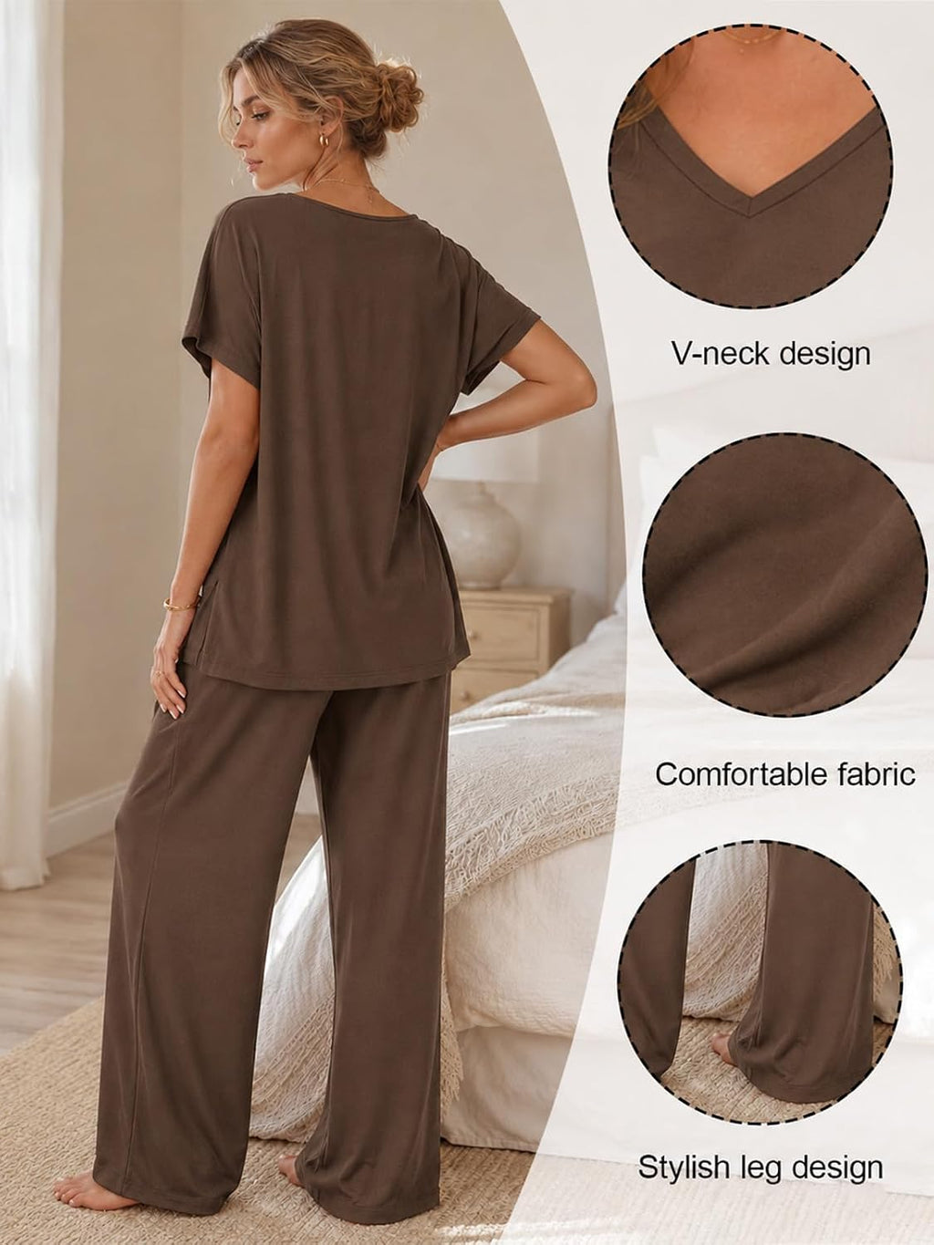 Samantha Ensemble Lounge Femme Deux Pièces – Set Décontracté avec Haut Col V et Pantalon Large