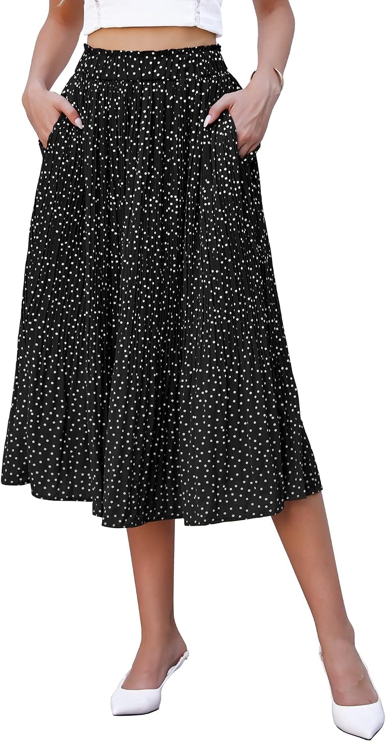 Ysaline Jupe Midi – Jupe Plissée à Pois en Mousseline avec Taille Élastique et Poches