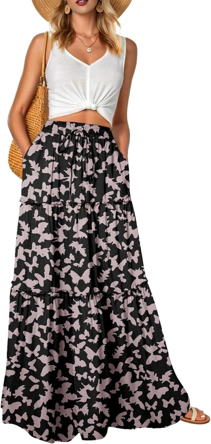 Léonie Jupe Longue Fleurie Bohème – Jupe Maxi Taille Haute Fluide avec Poches