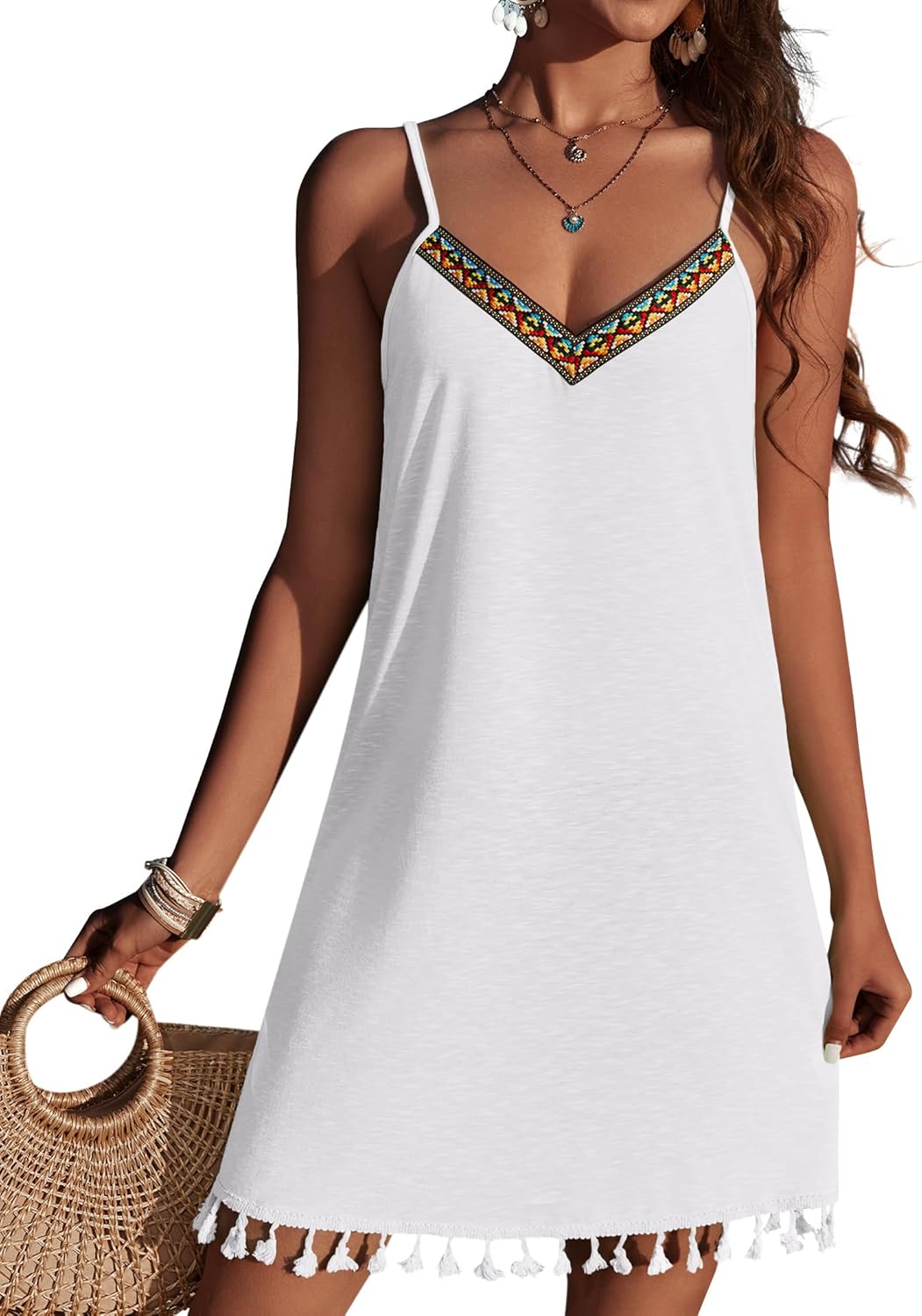 Maëlle Robe de Plage Femme – Robe Courte Bohème à Col V avec Bretelles Réglables