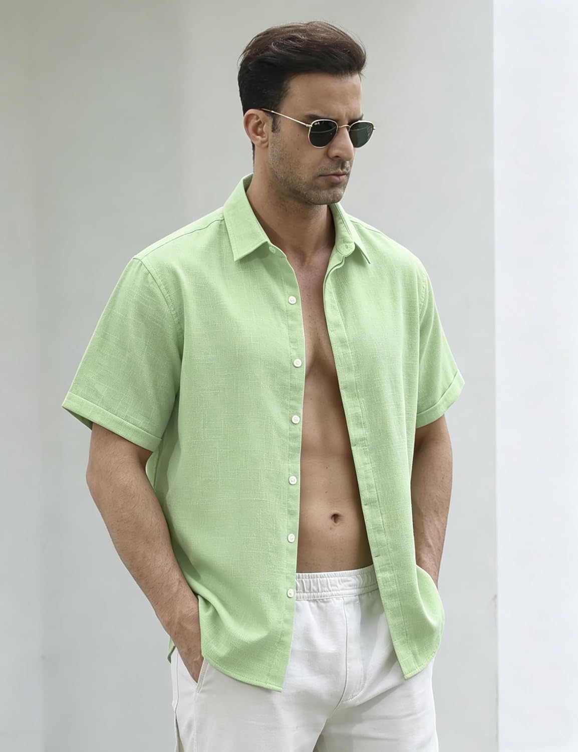 Christian Chemise en Lin Homme à Manches Courtes – Chemise Légère d'Été à Boutons Invisibles