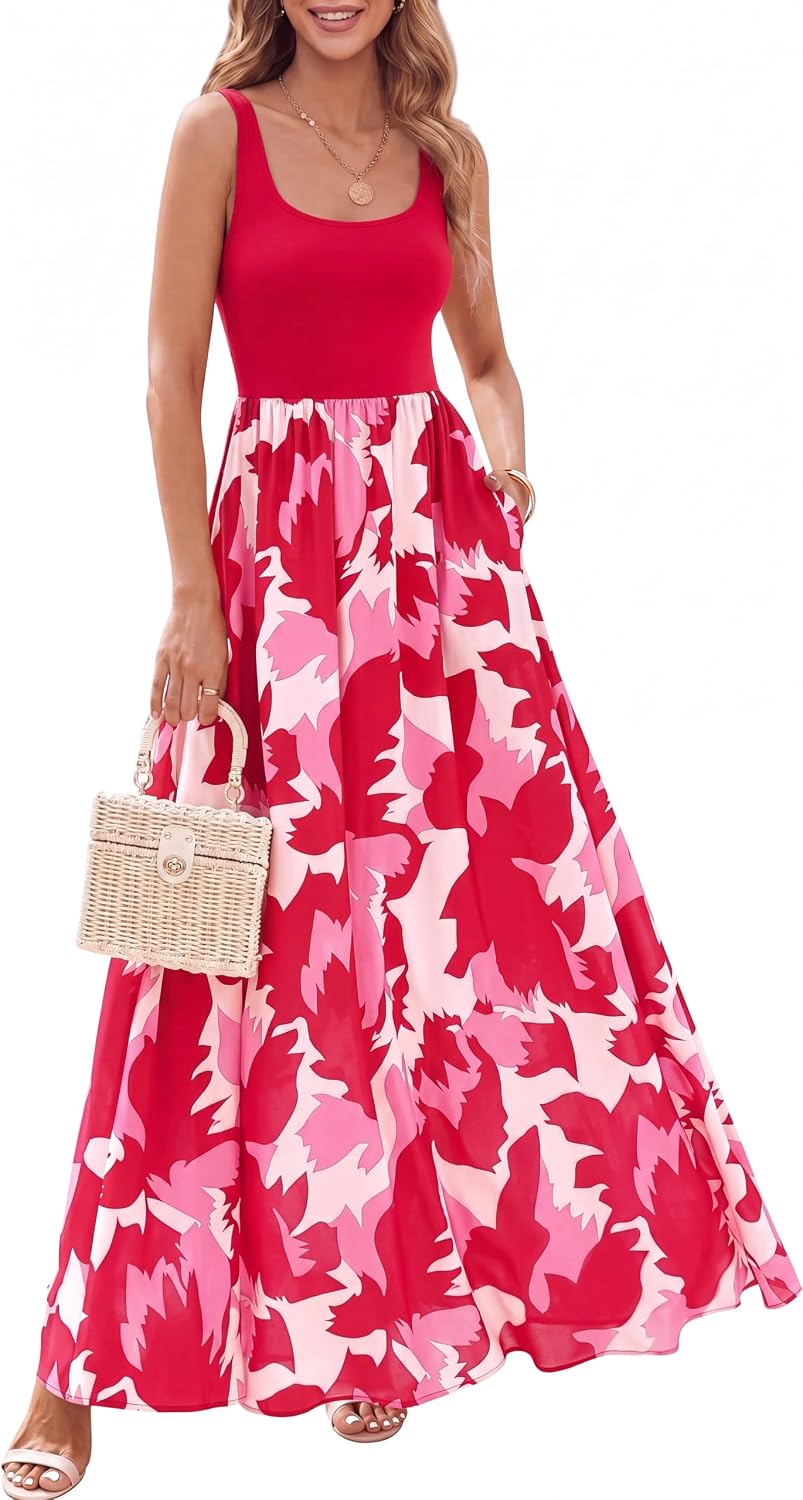 Camille Robe Longue Femme – Coupe Trapèze Fleurie Sans Manches à Col Rond